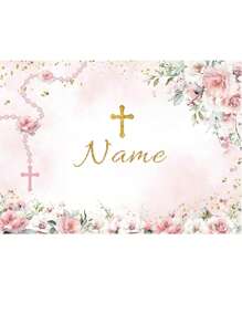 1 pieza Decoración personalizable de corona de flores con hojas verdes, telón de fondo personalizado con nombre para fiesta de cumpleaños, decoración colgante de bautizo, primera comunión y bautizo con cáliz y brillo dorado para estudio fotográfico