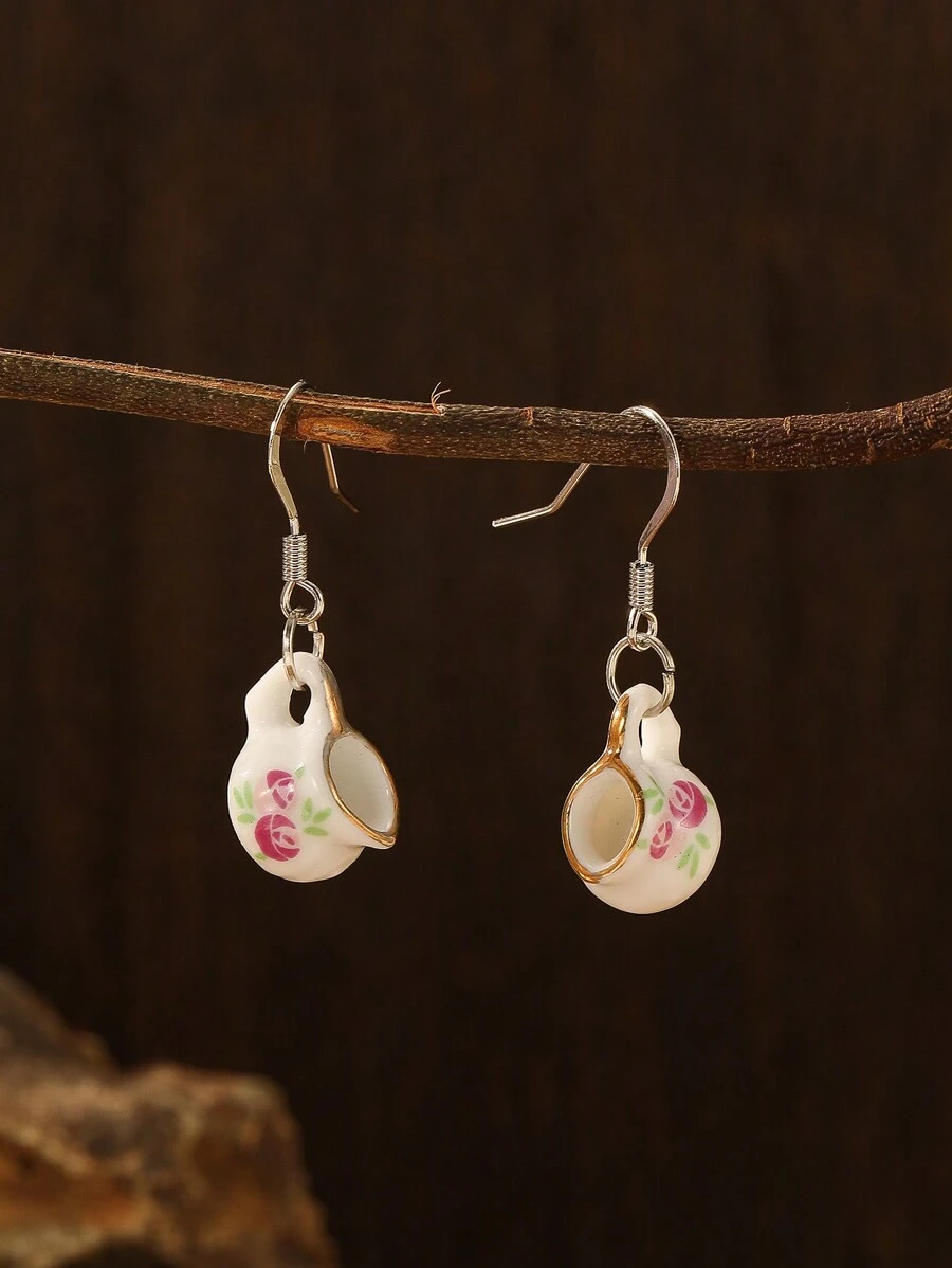 1 cặp bông tai đồng mặt dây chuyền ấm trà mini bằng gốm sứ hình hoa hồng dễ thương, phù hợp để đeo hàng ngày cho phụ nữ - ấm trà - Xem 1