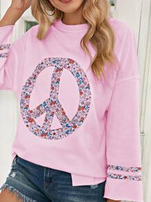 Boho Retro Vintage 60's Vibe Cream Cotton Raglan Lantern Bubble Puff  Sleeve  Floral Rib Patchwork Top Sweat Shirt Blouse - 粉色 - 查看 4
