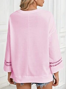 Boho Retro Vintage 60's Vibe Cream Cotton Raglan Lantern Bubble Puff  Sleeve  Floral Rib Patchwork Top Sweat Shirt Blouse - 粉色 - 查看 2