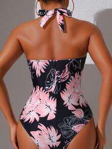 新款夏季时尚连体泳衣，女士欧美豹纹连体系带收腹比基尼泳装，沙滩套装 - 珊瑚粉 - 查看 2