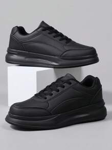 男女系带休闲运动鞋时尚潮流白鞋软底学生滑板鞋防滑耐磨尺码36-45 - 黑色 - 查看 1