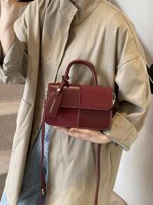 全新时尚简约格子拼布手提包单肩斜挎包 - 紅色 - 查看 4