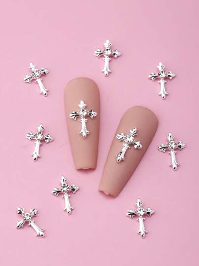 10Pcs Cross Nail Charms 3D Alloy Rhinestones For Nail Art, Unscented Diy Nail Decorations, Sparkling Religious Nail Gems For Manicure Accessories Nail Supplies Nails