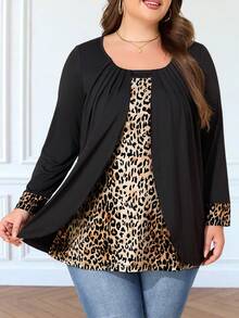 T-shirt à manches longues avec imprimé léopard, modèle superposé avec plis à l'avant, grande taille. - Noir - Voir 4