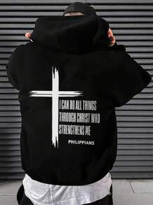 男士休闲街头风格字母与十字架（宗教元素）印花长袖连帽无口袋卫衣，适合秋冬 - 黑色 - 查看 5