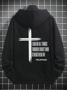 男士休闲街头风格字母与十字架（宗教元素）印花长袖连帽无口袋卫衣，适合秋冬 - 黑色 - 查看 7