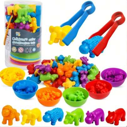 1 Set Kids Child Educational Counting Soft Rubber Animal Montessori Early Learning Cognitive Toys, Animal Counting Preschool Learning Toy Set With Color Matching And Sorting Bowls - Great For Preschool Learning, Math Skills Development And Sensory Play - Ideal Holiday Gift For Parent-Child Interaction (Random Colors In Packaging)