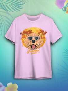 Unisex Summer Dog Print T-Shirt - Baby Pink - View 1