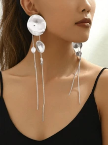 1pc Fashionable European And American Style Exaggerated Personalized Metal Disc Long Necklace, Metal Geometric Disc Tassel Long Necklace, Chic Street Style Choker Necklace, Gold Metal Disc Tassel Earrings, Minimalist Design Versatile Luxurious Stainless Steel Necklace, Suitable For Party, Daily Commute, Women - Metallic Disc Jewelry - View 4