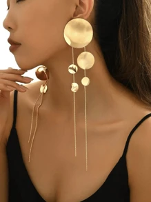 1pc Fashionable European And American Style Exaggerated Personalized Metal Disc Long Necklace, Metal Geometric Disc Tassel Long Necklace, Chic Street Style Choker Necklace, Gold Metal Disc Tassel Earrings, Minimalist Design Versatile Luxurious Stainless Steel Necklace, Suitable For Party, Daily Commute, Women - Metallic Disc Jewelry - View 3