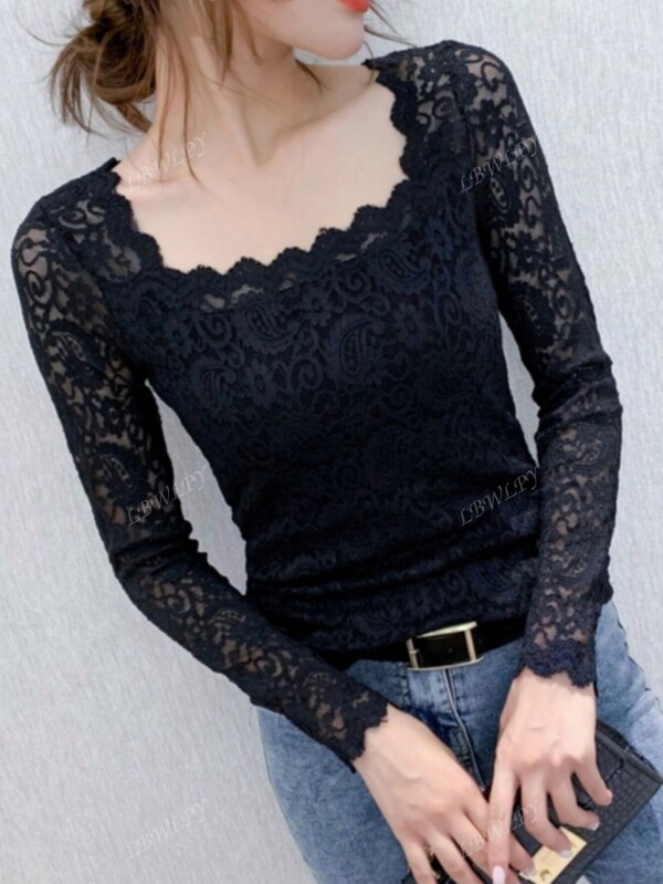 Damen Bluse mit Spitzeneinsatz lange Ärmel Herbst/Winter neuer Stil elegant schmal geschnitten sexy vielseitiger Top mit Quadratausschnitt