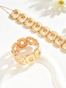 2pcs/Set Metal Geometric Hollow Rectangle Layered Necklace & Bracelet Jewelry Set - Gold - View 3