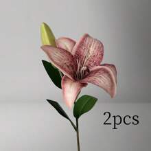 人造百合，19.7 英寸（2 头）人造花，有多种颜色可选，手工制作的花瓣，配有柔软的布料和塑料树枝，适合 DIY 插花，电影假花装饰，情人节装饰花，复古百合丝花人造花，家居装饰客厅卧室餐厅装饰 - 彩色 - 查看 18