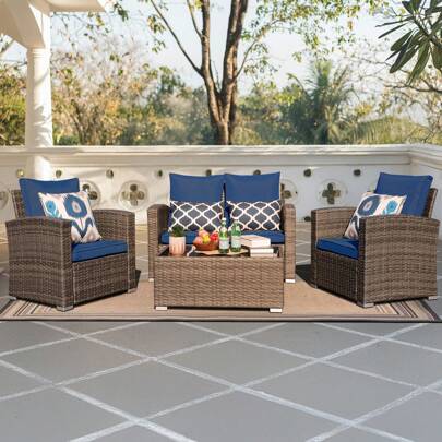 4pcs Wicker Outdoor Patio Furniture Set Small Sectional Conversation Set, Soft Cushion, PE Wicker