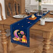 1 pezzo Runner da tavolo per il Ramadan, con stampa a forma di mezzaluna, tovaglia rettangolare minimal in stile lino, decorazione per Ramadan da interno ed esterno per casa, ristorante, soggiorno, tavolo da pranzo - Blu Navy - Visualizzare 6