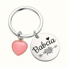 1 个“Babcia”雕刻钥匙扣，带粉色心形吊饰，适合生日、圣诞节、万圣节、感恩节、复活节、新年，适合钱包、房门钥匙、背包、汽车钥匙、迷人配饰 - 銀色 - 查看 1