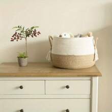 1pc Basket For Stuffed Animal, Clothes, Blankets Boho Baskets For Living Room, Bedroom, Nursery Cotton Rope Baskets, Cube Basket, Under Shelf Baskets For Home Decor Large - 白色&棕色 - 查看 4