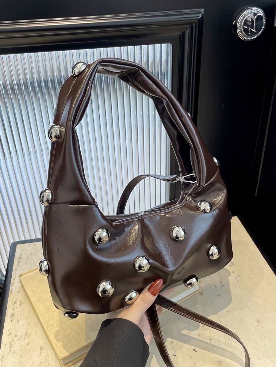 Kafe Brown Fashion Vintage Stylish Soft Leather Rivet Decor Crescent Shoulder Bag For Women, Large Capacity, Suitable For Work, Casual And Travel, Autumn/Winter