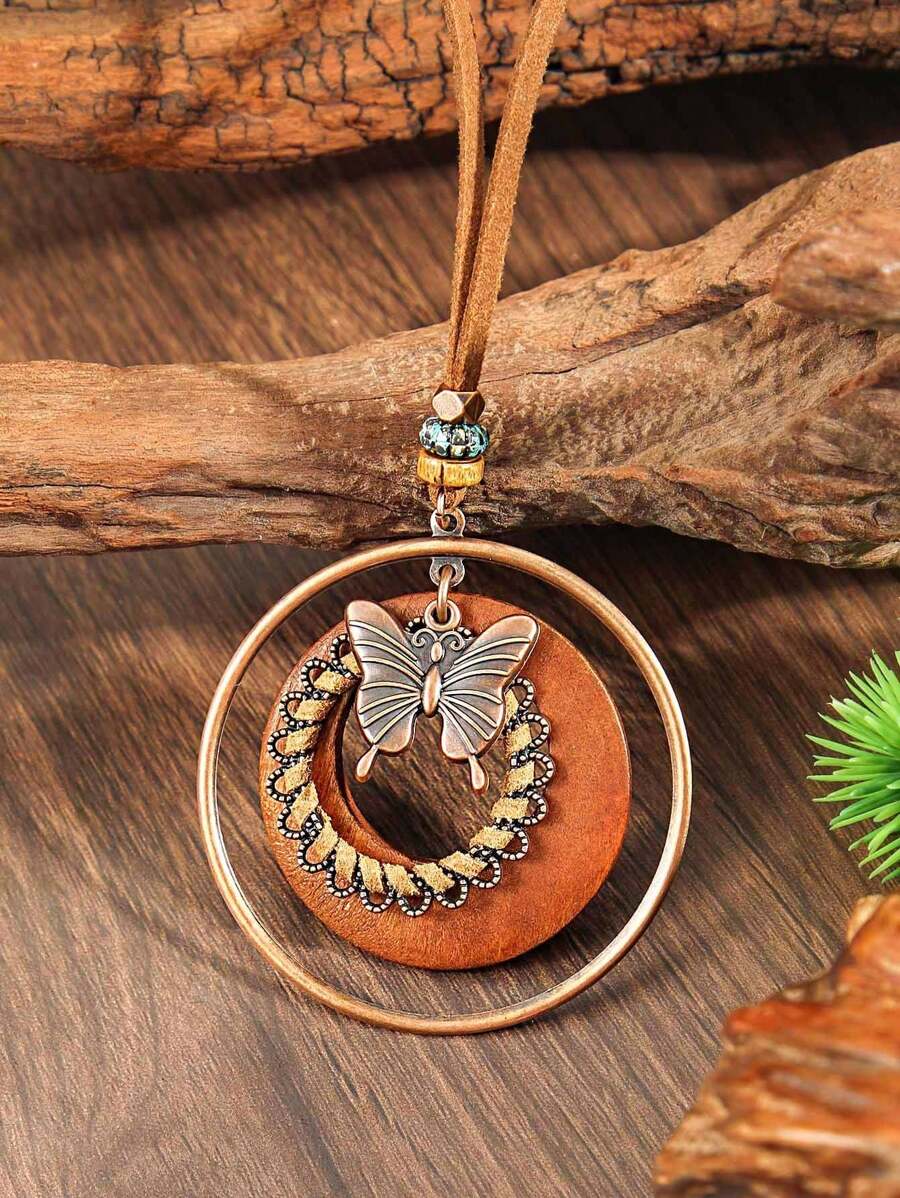 TopHanqi 1pc Vintage Coffee Color Butterfly Pendant Necklace, Multilayer Geometric Round Circle Wooden Ring Design, Suitable For Women To Pair With Daily Outfits And Party Accessories, Gift