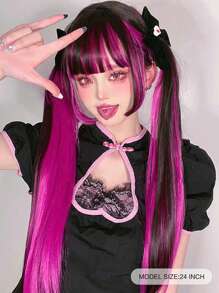 Synthetic Long Straight Wig With Bangs Natural Black Rose Red Hightlight Colorful Cosplay Silky Wig For Women Daily Party Natural Soft Synthetic Hair Heat Resistant Long Curly Silver Synthetic Wig With Fluffy Bangs White Water Wave Hair Wigs For Women Daily Use Cosplay Colored Hair Wig Christmas - Red Highlight - View 3