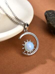 1pc Natural Crystal & Stone Crescent Moon Necklace For Women - Multicolor - View 9