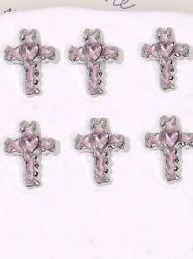 10Pcs Vintage Style Cross Alloy Nail Art Charm Pink Heart Cross Nail Accessories Diy Manicure Decoration Nail Supplies Nails Nail Charms Nail Gems - Pink - View 3