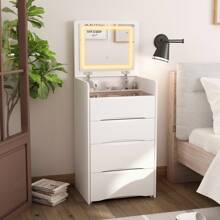 ECACAD 18.7'' Wide Makeup Vanity Table With Flip Top Lighted, Storage Makeup Stool - White - View 7