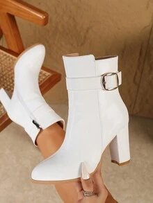 女士尖头短靴，带扣带，英伦风格，粗跟，黑色，百搭，修身，踝靴非常适合派对和聚会，时尚高跟短靴，秋冬 - 白色 - 查看 1