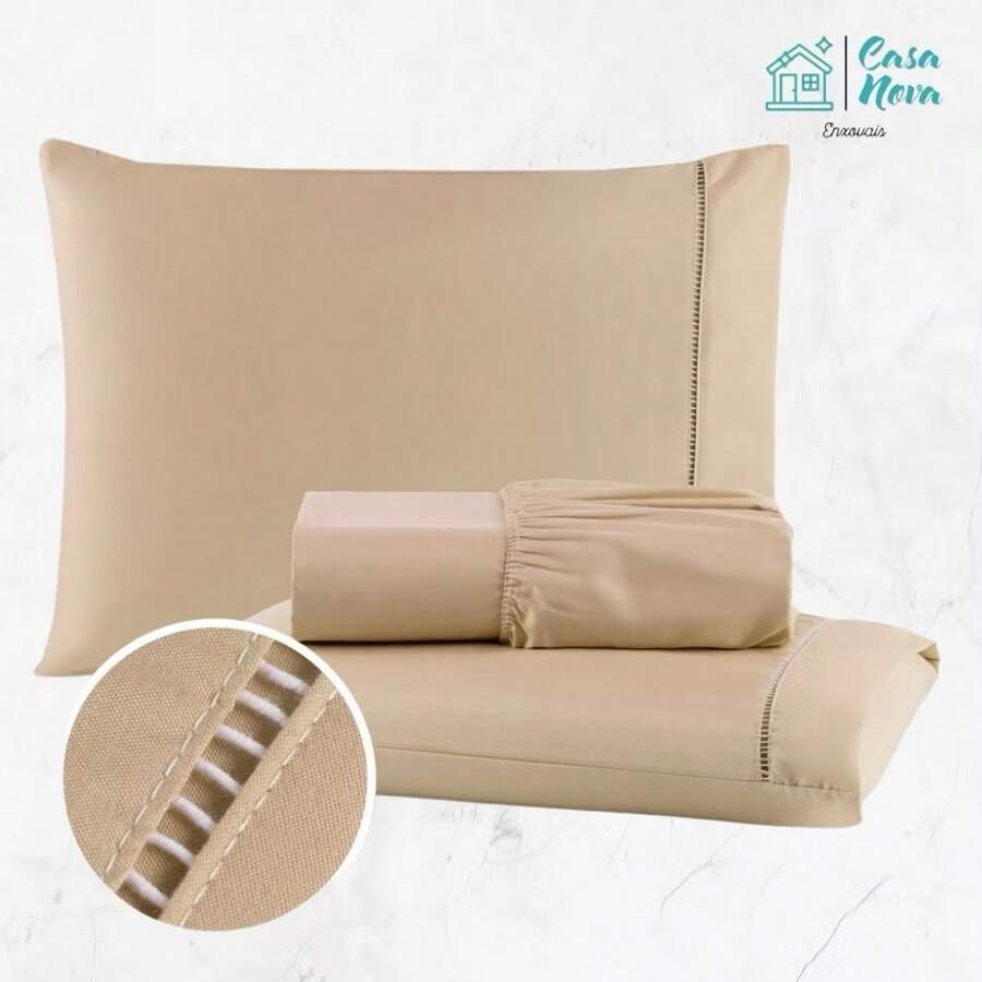 3-Piece Queen-Size Sheet, Micropercale, 400 Threads, Slightly Velvety Feel, Pillowcases With A Matchstick Stitch Finish - 卡其色 - 查看 1