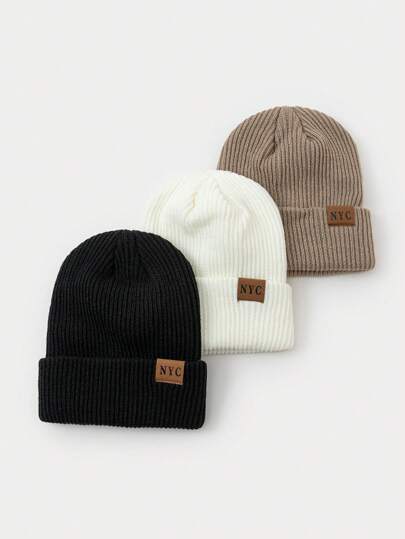 3pcs Women's Fashion Solid Color Seam Tag NYC Striped Knit Beanie Hat, Warm And Suitable For Autumn/Winter Daily Wear