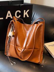 1 件纯色图案简约水桶单肩手提包购物袋吊坠包大容量手提包带零钱包，女士休闲日常通勤单肩包，钱包，秋冬热销女包。新款复古水桶包超大单肩斜挎包。时尚纯色通勤手提包，简约小众设计腋下包，时尚大容量单肩包 - 棕色 - 查看 7