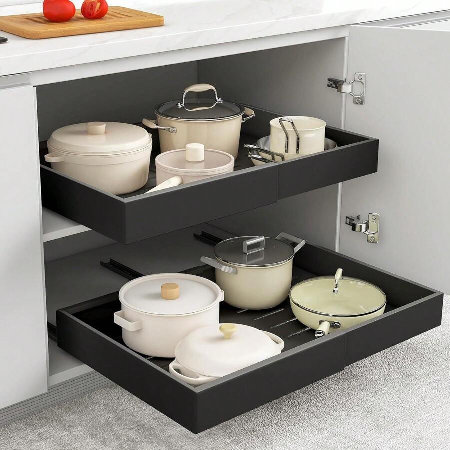 Pull Out Cabinet Organizer, Adjustable Expandable Slide Out Drawer, Roll-Out Sliding Drawer Organiser Shelf For Kitchen & Bathroom Storage, Easy Installation With Adhesive Film - Black - View 1