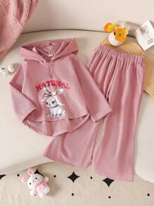 2 件套年轻女孩休闲卡通字母印花连帽衫上衣和配套喇叭裤套装