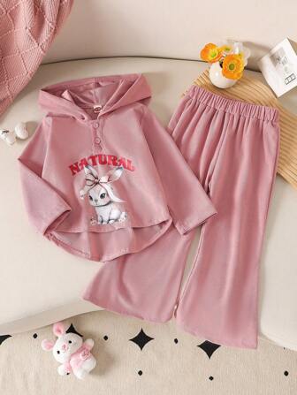 2 件套年轻女孩休闲卡通字母印花连帽衫上衣和配套喇叭裤套装