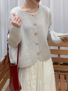 女士休闲优雅蝴蝶结纽扣宽松开衫，秋冬 - 米色 - 查看 5