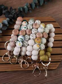 1pc Ditsy Floral Wooden Bead & Silicone Bead Bracelet Keychain, Backpack Decoration Accessory, Keychain For Anti-Lost, Gift For Friends School Car Accessories Cute Goth Y2k Bag Lanyards With Id Holder Car Accessories Bag Charms