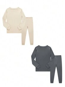 4 件套儿童杏色和铁灰色纯色睡衣、婴幼儿睡衣 - 杏色 - 查看 1