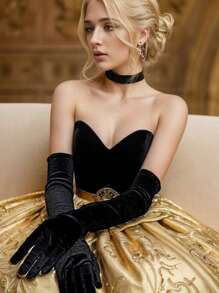 1 双优雅纯色长款涤纶天鹅绒手套，适合女士，黑色经典天鹅绒长款手套，适合舞会、正式活动，适合婚礼和节日的保暖天鹅绒手套，适合所有季节 - A - 查看 1