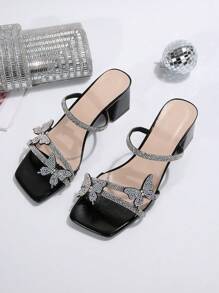 Giày cao gót kiểu Pháp cho nữ, giày cao gót mũi vuông đính đá hình bướm mùa hè/thu mới - màu đen - Xem 6