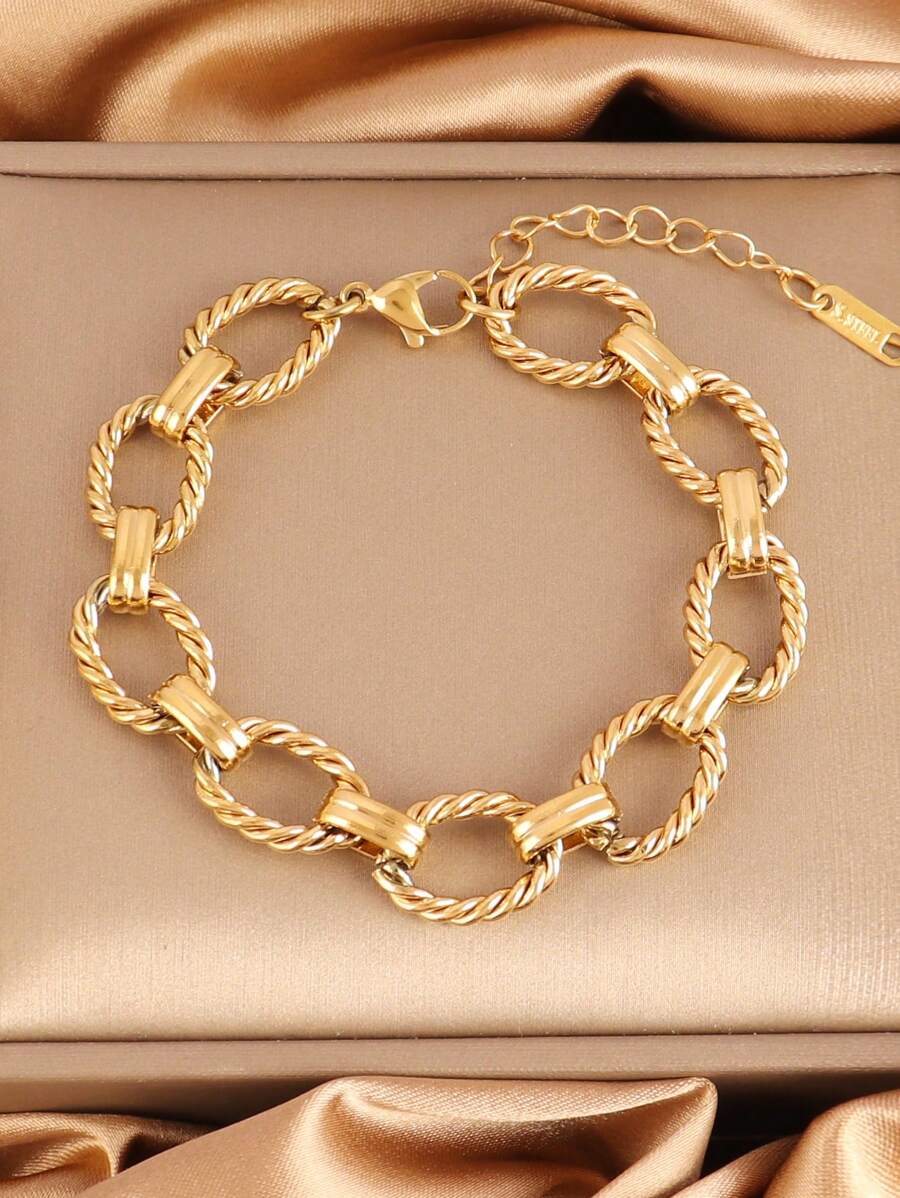 女士不銹鋼手鍊朋克風銀色金色鍊條手鍊男士珠寶禮物 - 金黃色 - 查看 1