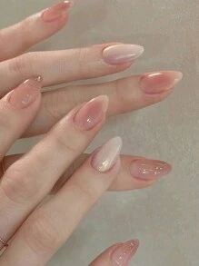 Nâng cấp phong cách của bạn, 24 miếng dán móng tay hình quả hạnh nhân màu hồng nhạt, móng tay ngắn nhuộm loang màu hồng ngọt ngào với giấy bạc vàng, phù hợp cho bé gái, quý cô, ngày lễ, tiệc tùng, quà tặng, trang phục công sở hàng ngày, bao gồm 1 miếng băng dính hai mặt và 1 dũa móng tay - Nhiều màu - Xem 2