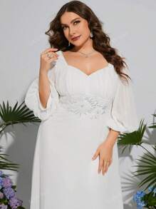 UNITHORSE UNITHORSE Lantern Sleeve Sequin Embroidery Decor Pleated Chiffon Wedding Dress, All White Party Outfit Women