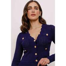 Long Sleeve Open Weave Knit Blouse - 藍色 - 查看 3