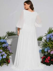 UNITHORSE UNITHORSE Lantern Sleeve Sequin Embroidery Decor Pleated Chiffon Wedding Dress, All White Party Outfit Women