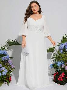 UNITHORSE 灯笼袖亮片刺绣装饰褶皱雪纺婚纱，全白派对装女士 - 白色 - 查看 11