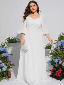 UNITHORSE UNITHORSE Lantern Sleeve Sequin Embroidery Decor Pleated Chiffon Wedding Dress, All White Party Outfit Women