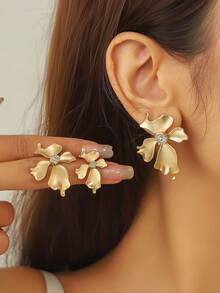 3 对欧式简约双色几何耳钉套装，适合女士、节日和日常使用配饰 - 三對花瓣耳環套裝 - 查看 6