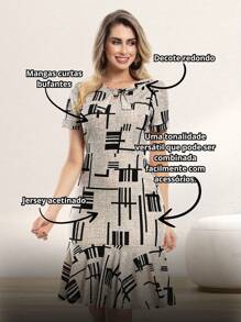 Classic Printed Satin Jersey Dress – Elegance And Comfort For Your Style - Màu be - Xem 5