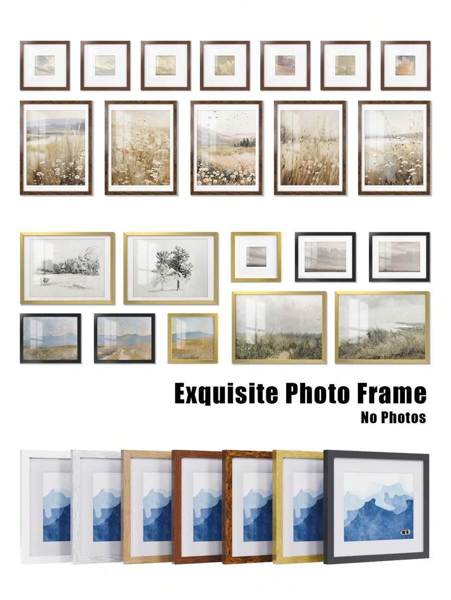 精美相框，尺寸可选4x6、5x7、8x8、8x10、12x12、11x14、12x16英寸，方形和长方形人像相框，适合壁挂或桌面摆放，颜色可选黑色/白色/木色/棕色/金色